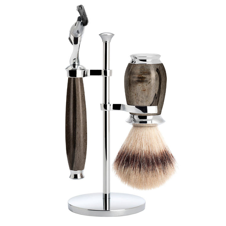 MÜHLE PURIST Grained Beech Silvertip Fibre Brush and Fusion Razor Shaving Set